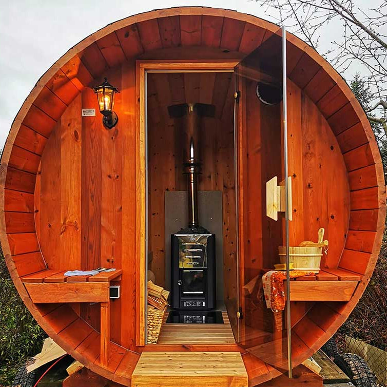 Outdoor 4-6 Person Barrel Sauna with Outdoor Seating 2.4m