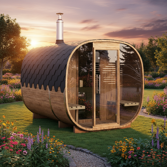 Wooden barrel-shaped sauna in a garden setting with flowers and trees at sunset.