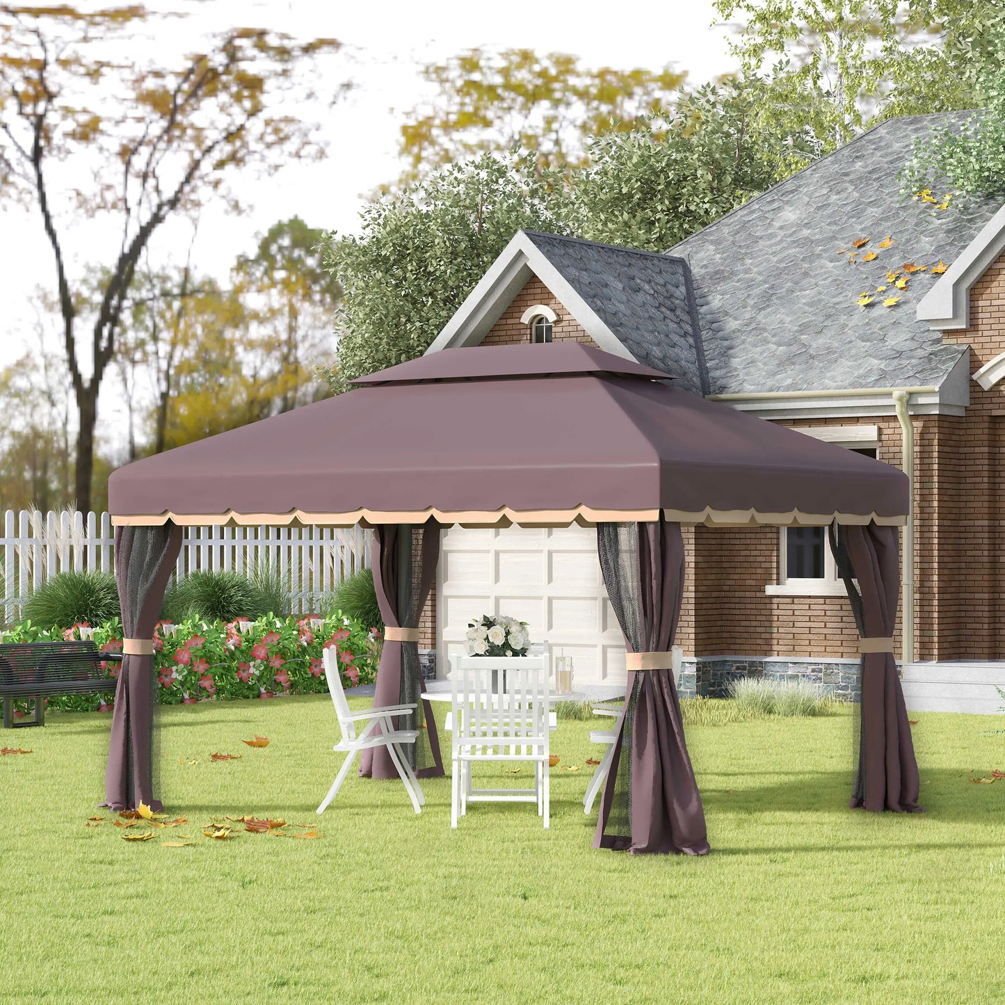 Outsunny 3 x 4m Aluminium Garden Gazebo, Marquee Canopy Shelter Pavilion Party Tent with Nets and Curtains for Garden and Deck, Coffee, Black, Grey