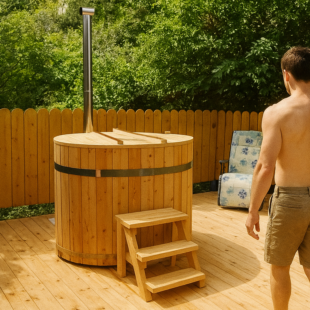 Man standing next to a wooden hot tub on a wooden deck with greenery in the background.