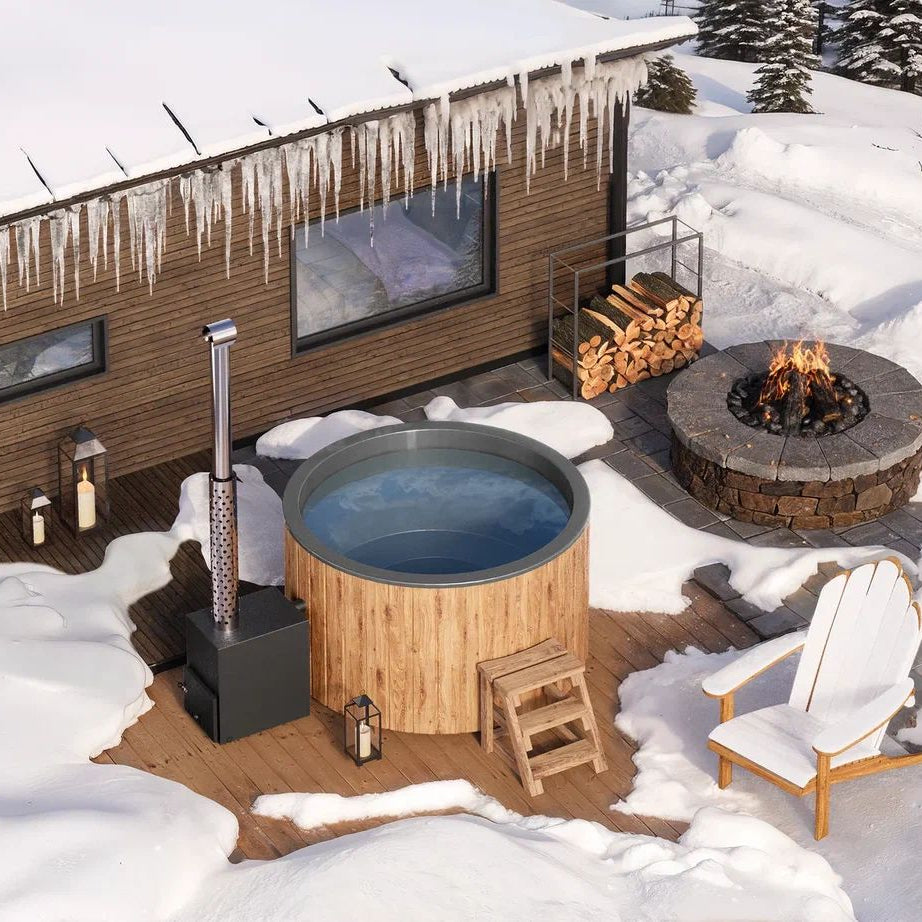 Circular Wood-Fired Fibreglass Hot Tub with External Heater | 4 Person | Ø1.8 m