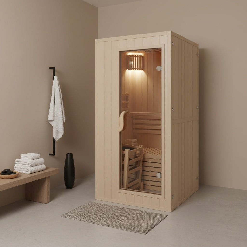 Traditional sauna in a room with a towel, bench, and decorative vase.