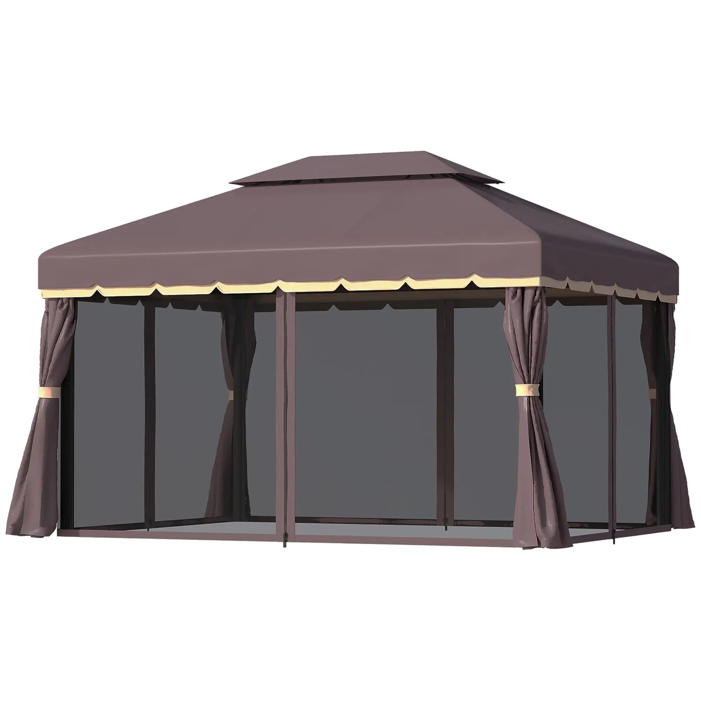 Outsunny 3 x 4m Aluminium Garden Gazebo, Marquee Canopy Shelter Pavilion Party Tent with Nets and Curtains for Garden and Deck, Coffee, Black, Grey