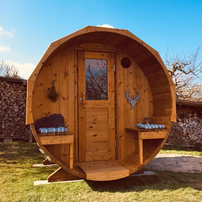 Outdoor Barrel Sauna 3.6m with Outside Seating for 6 People | Wood Fired or Electric Garden Sauna