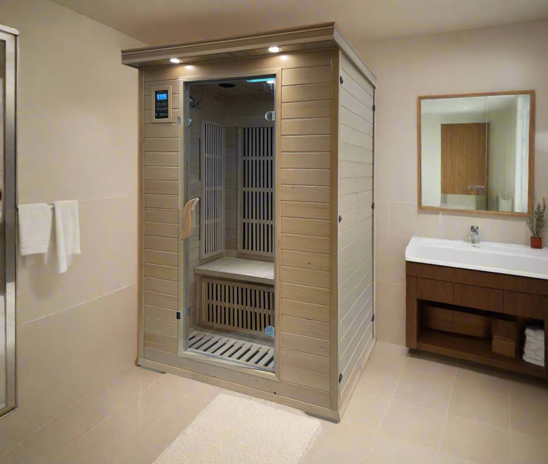 Infrared sauna in a modern bathroom with a mirror and sink.