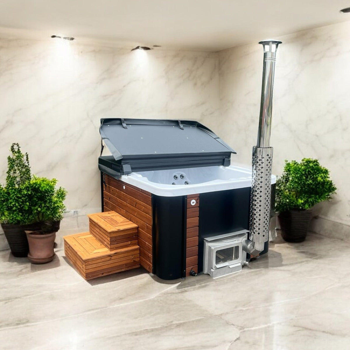 Eco Leva Wood-Fired Hot Tub for 2-3 People Quattro, Square | Spruce, Thermowood Outdoor Spa with Built-In Heater