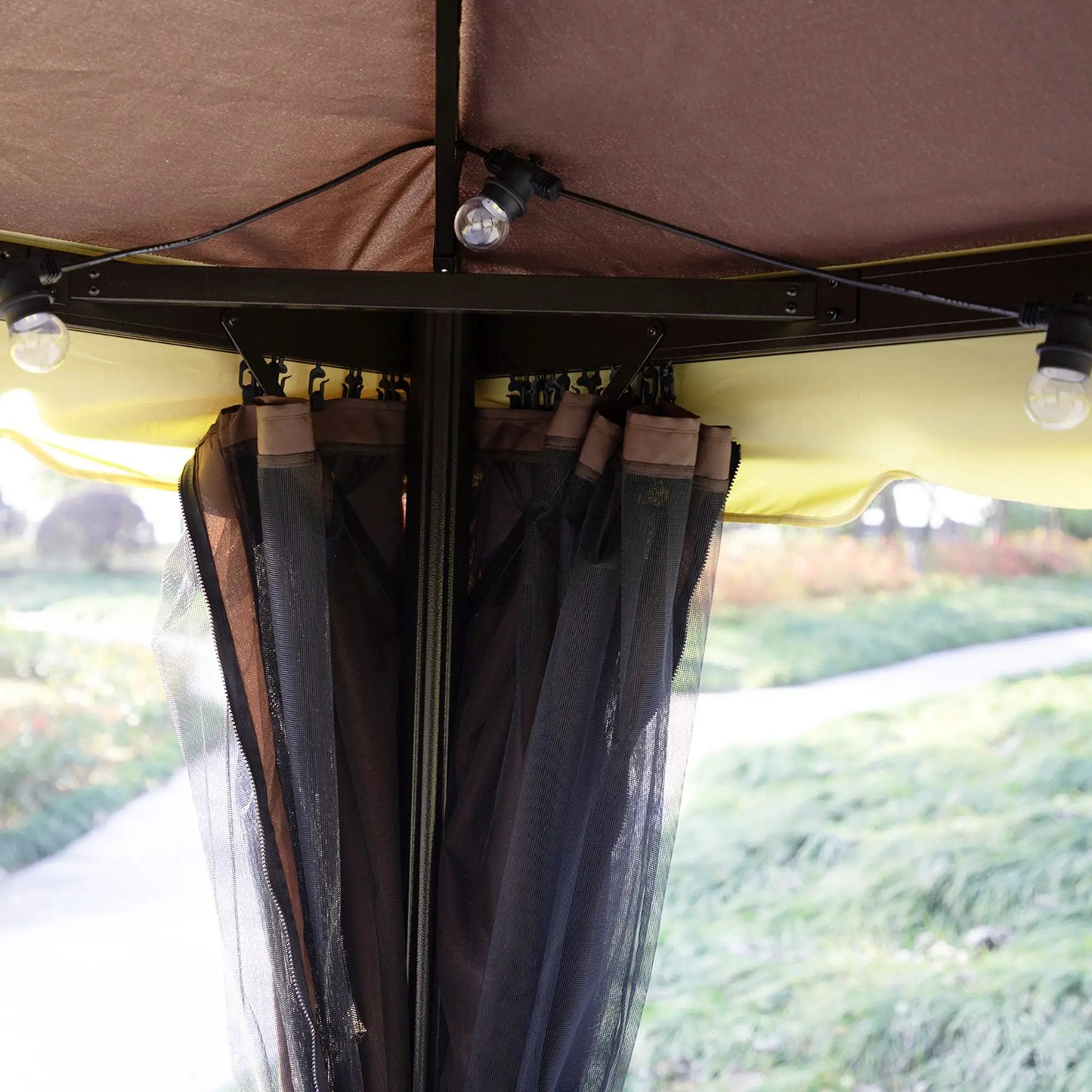 Outsunny 3 x 4m Aluminium Garden Gazebo, Marquee Canopy Shelter Pavilion Party Tent with Nets and Curtains for Garden and Deck, Coffee, Black, Grey