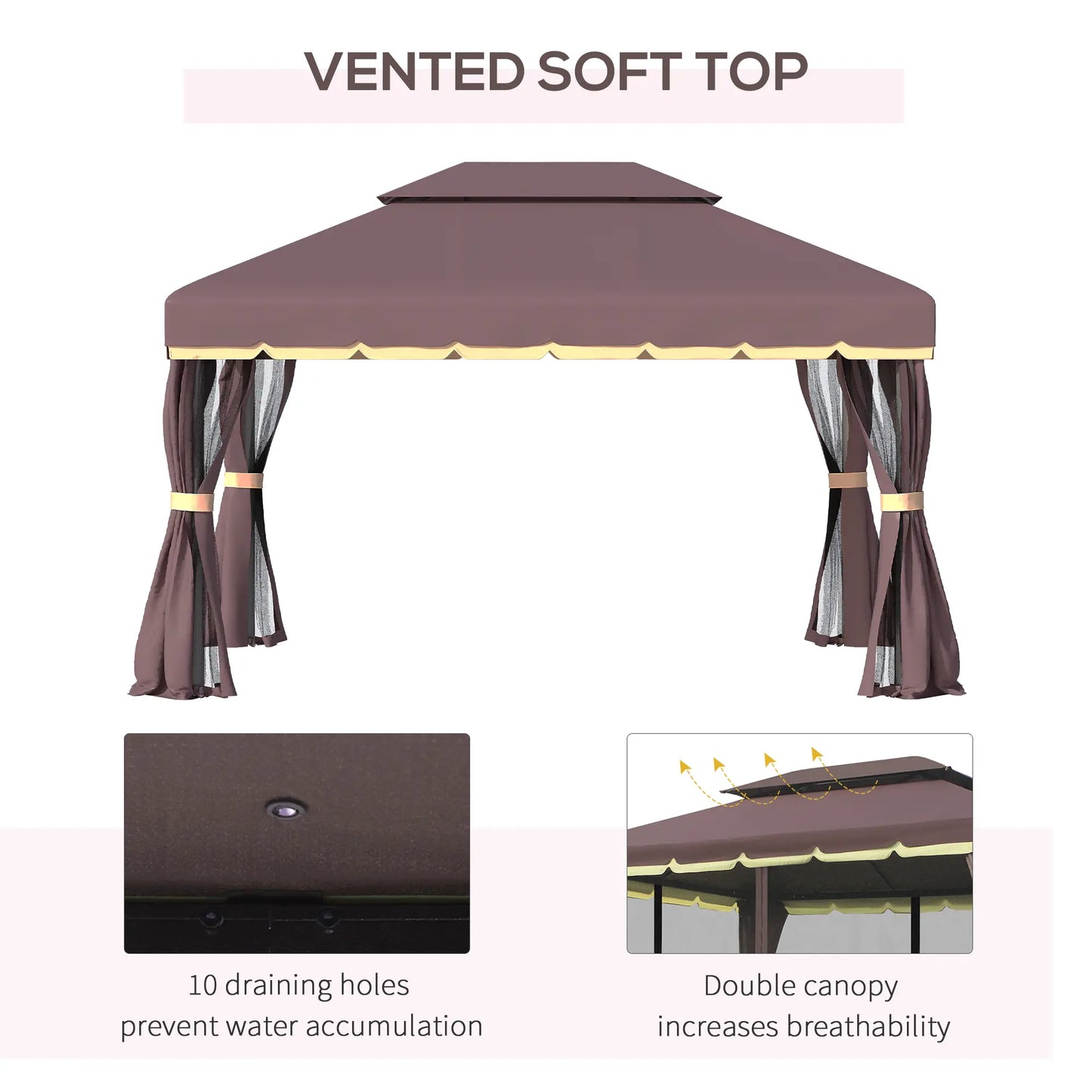 Outsunny 3 x 4m Aluminium Garden Gazebo, Marquee Canopy Shelter Pavilion Party Tent with Nets and Curtains for Garden and Deck, Coffee, Black, Grey