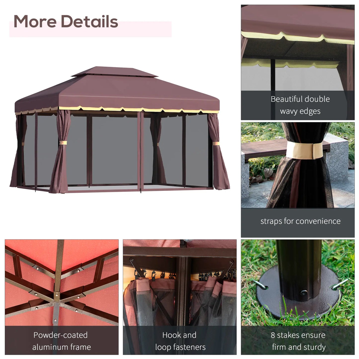 Outsunny 3 x 4m Aluminium Garden Gazebo, Marquee Canopy Shelter Pavilion Party Tent with Nets and Curtains for Garden and Deck, Coffee, Black, Grey