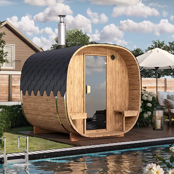 Cube Barrel Sauna 3-4 Person With Outside Seats 2.4m | Customisable Garden Sauna