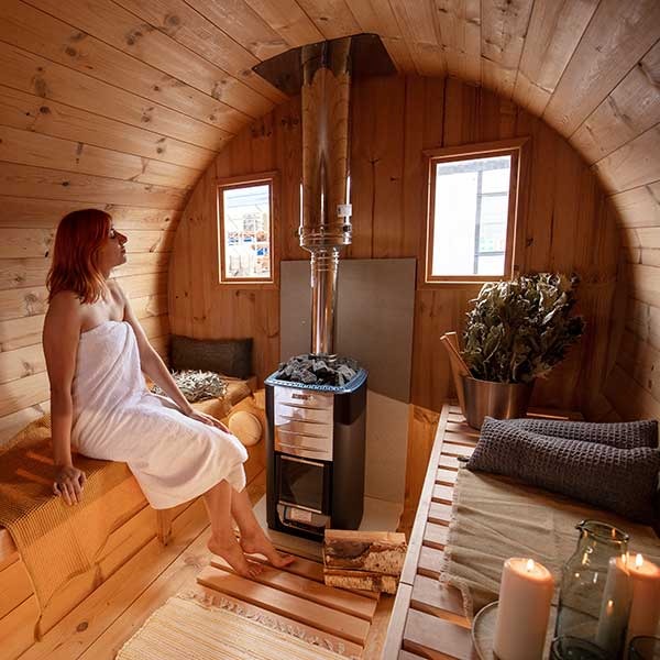 Outdoor 4 Person Barrel Sauna With Changing Room And Outside Seating