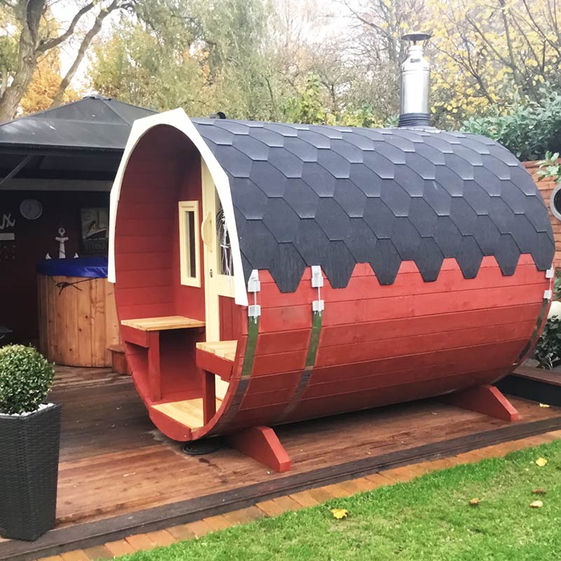 Outdoor 4-6 Person Barrel Sauna with Outdoor Seating 2.4m