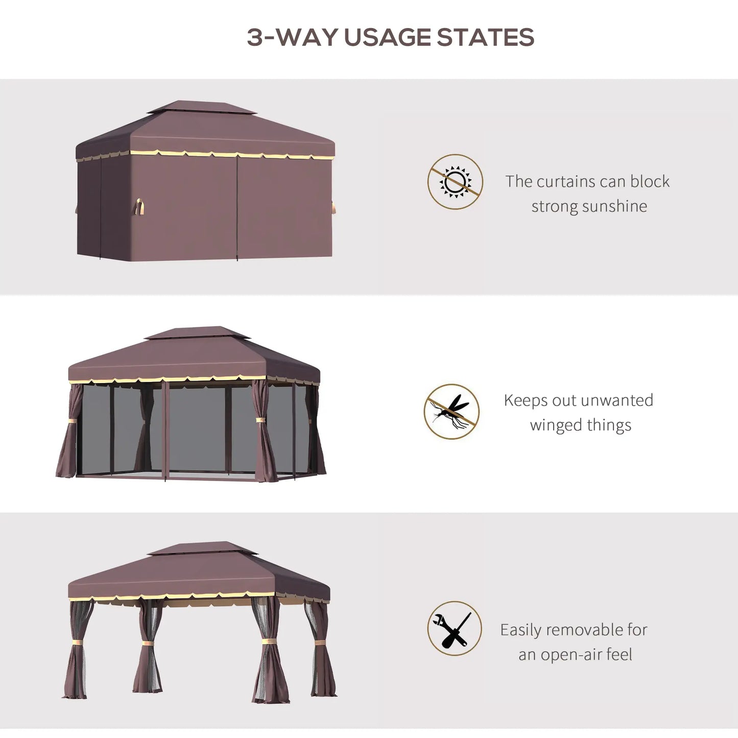 Outsunny 3 x 4m Aluminium Garden Gazebo, Marquee Canopy Shelter Pavilion Party Tent with Nets and Curtains for Garden and Deck, Coffee, Black, Grey