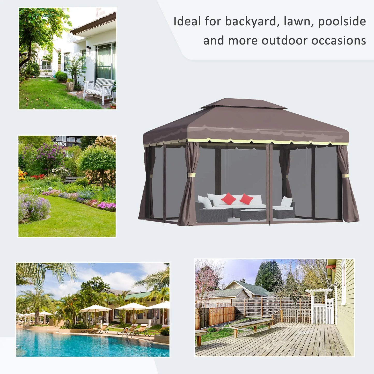 Outsunny 3 x 4m Aluminium Garden Gazebo, Marquee Canopy Shelter Pavilion Party Tent with Nets and Curtains for Garden and Deck, Coffee, Black, Grey