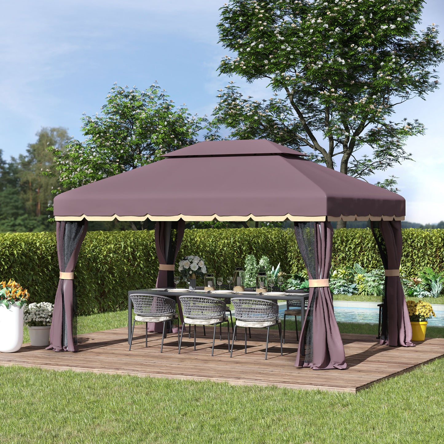 Outsunny 3 x 4m Aluminium Garden Gazebo, Marquee Canopy Shelter Pavilion Party Tent with Nets and Curtains for Garden and Deck, Coffee, Black, Grey