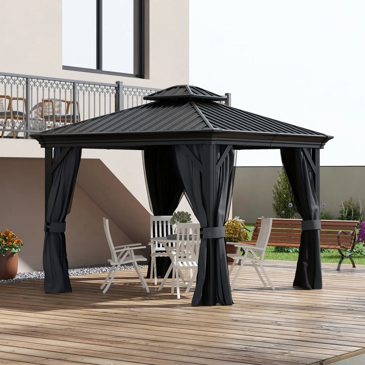 Outsunny 3.65 x 3m Aluminium Hardtop Gazebo, with Accessories, Dark Grey, Dark Bro