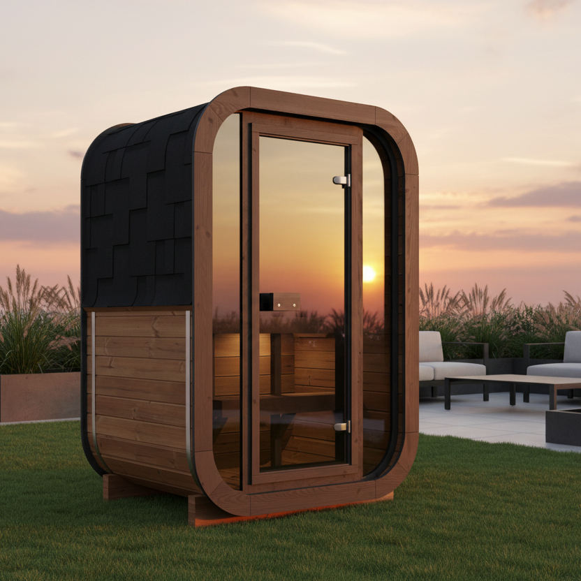 Modern outdoor sauna with sunset view in a garden setting