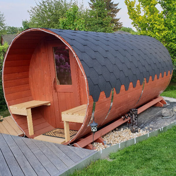 Outdoor 4 Person Barrel Sauna With Changing Room And Outside Seating