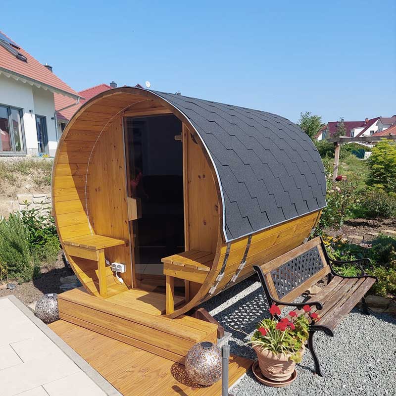 Outdoor 4-6 Person Barrel Sauna with Outdoor Seating 2.4m