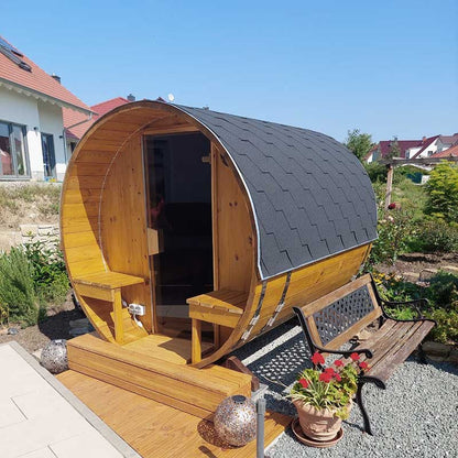 Outdoor 4-6 Person Barrel Sauna with Outdoor Seating 2.4m