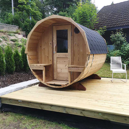 Outdoor 4-6 Person Barrel Sauna with Outdoor Seating 2.4m
