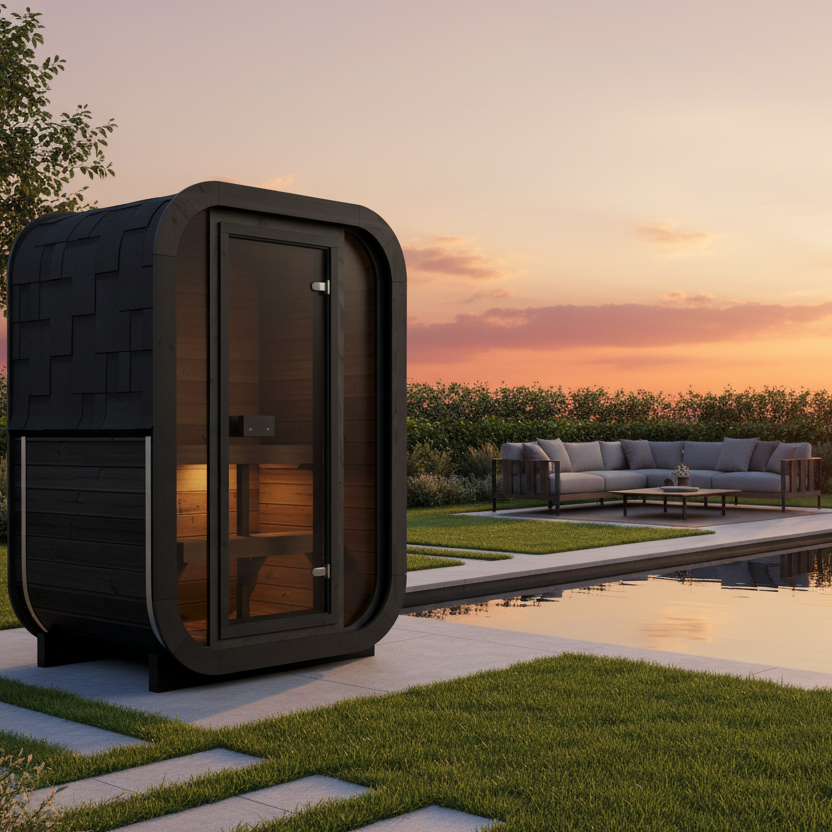 Modern outdoor black sauna by a pool with a scenic sunset background