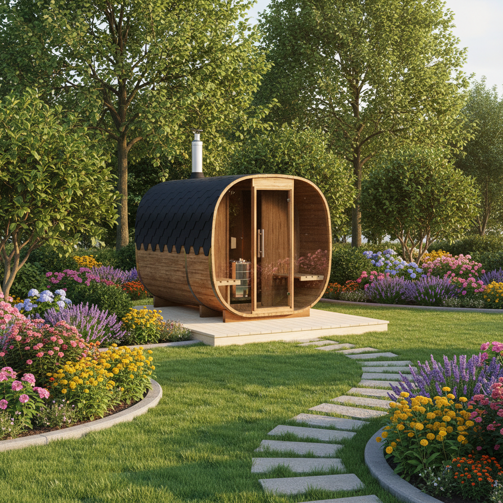 Wooden sauna with a black roof on a white background