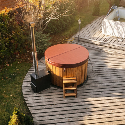 Circular Wood-Fired Fibreglass Hot Tub with External Heater | 4 Person | Ø1.8 m