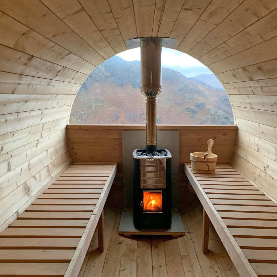 Outdoor Barrel Sauna 3.6m with Outside Seating for 6 People | Wood Fired or Electric Garden Sauna