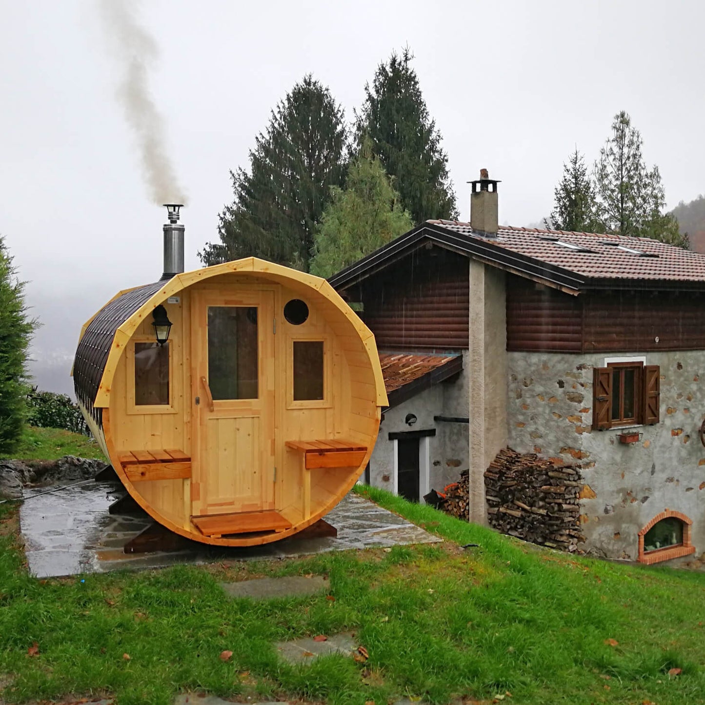 Outdoor 4 Person Barrel Sauna With Changing Room And Outside Seating