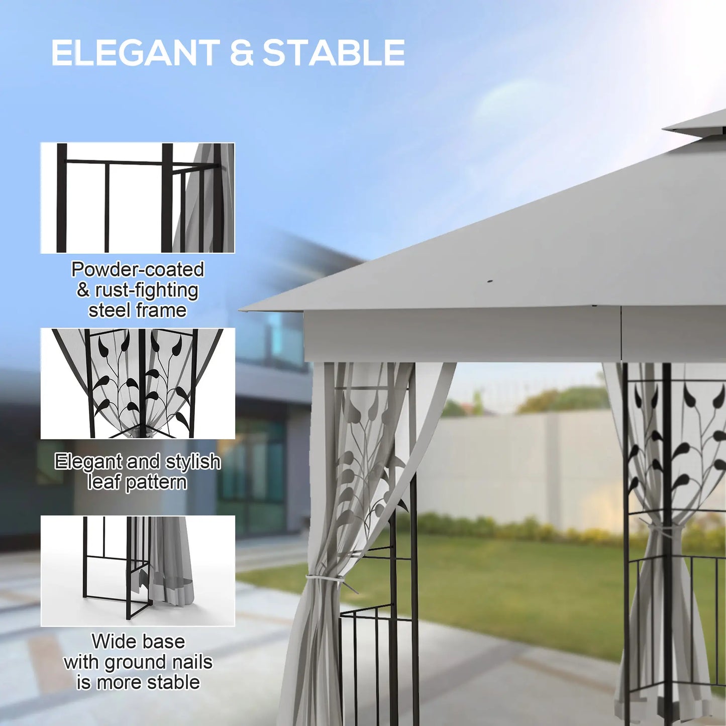 Outsunny 3 x 3m Double Roof Outdoor Garden Gazebo Canopy Shelter with Netting, Solid Steel Frame, Light Grey
