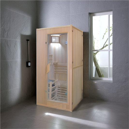 Wooden sauna in a bathroom with gray walls and a window.