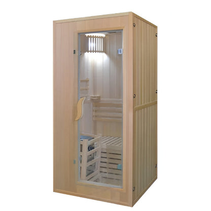 Wooden sauna with glass door on a white background