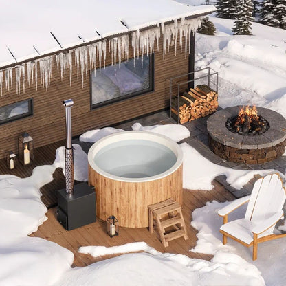 Circular Wood-Fired Fibreglass Hot Tub with External Heater | 4 Person | Ø1.8 m