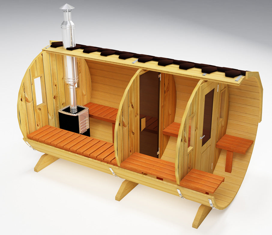 Outdoor 4 Person Barrel Sauna With Changing Room And Outside Seating