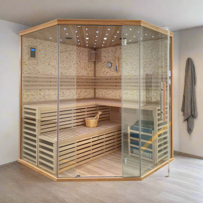 A traditional corner sauna made of Canadian Hemlock wood with clear glass panels, designed to accommodate 4-5 people, featuring a wooden bench, a basket, and therapy star lighting in the ceiling.