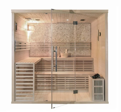 An indoor sauna with a two-tier design, featuring a glass door and wall, with wooden benches and a stainless-steel heater.