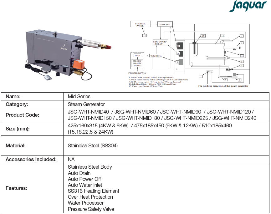 Jaquar Steam Generator 4KW & 6KW