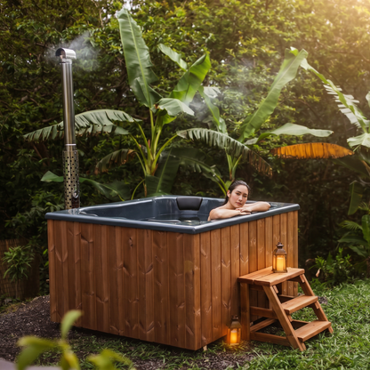 Compact Quattro S Wood-Fired Hot Tub 3-4 Person | Customisable Compact Fibreglass Square Spa