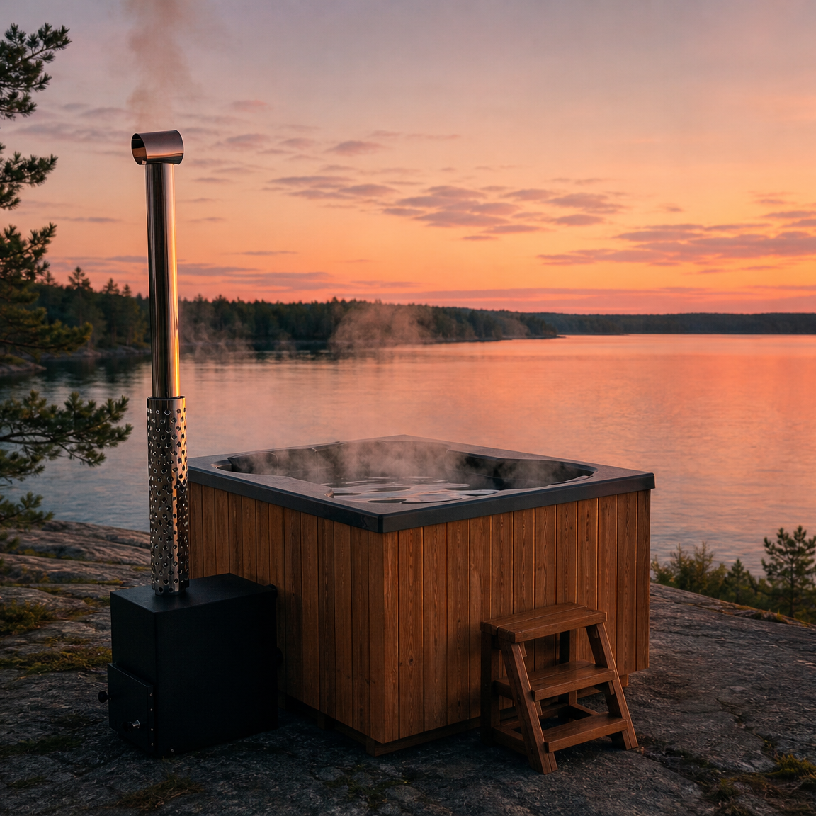 Compact Quattro S Wood-Fired Hot Tub 3-4 Person | Customisable Compact Fibreglass Square Spa