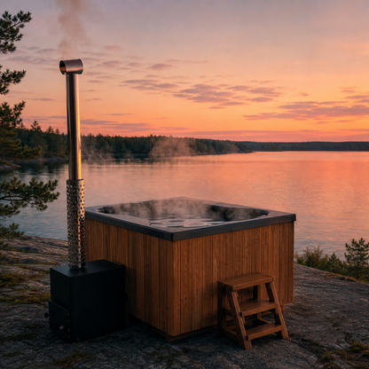 Compact Quattro S Wood-Fired Hot Tub 3-4 Person | Customisable Compact Fibreglass Square Spa