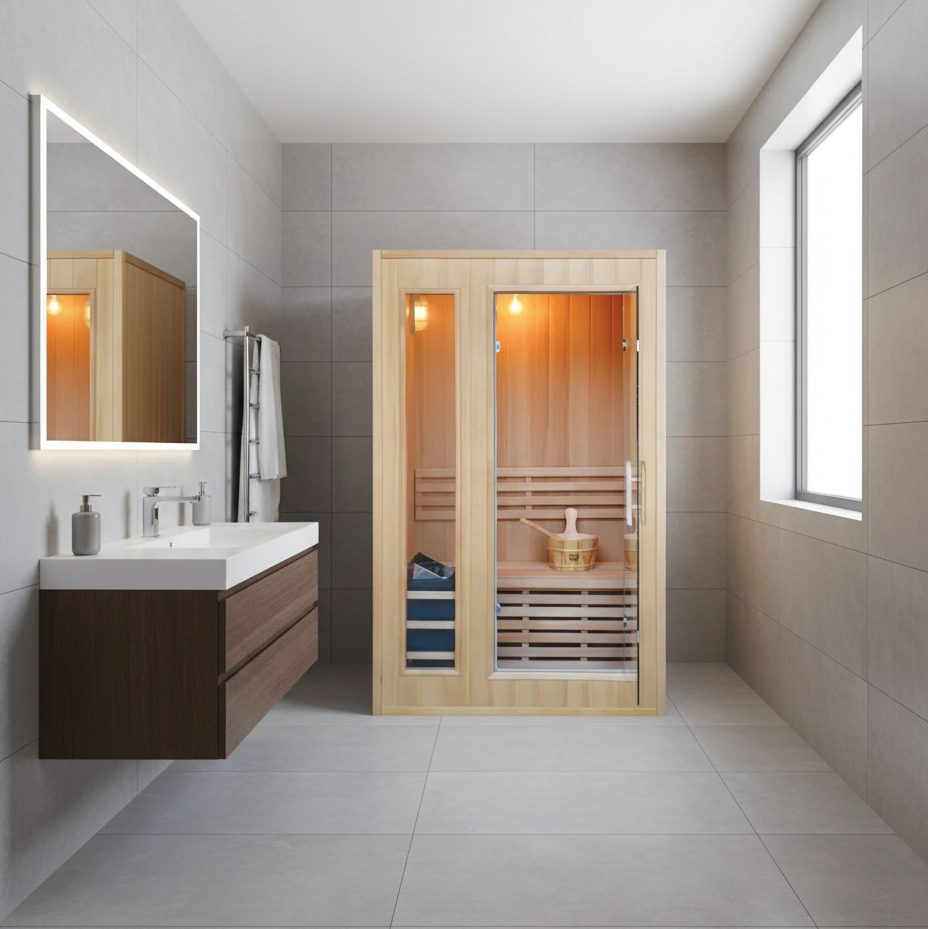 Bathroom with a wooden sauna and modern fixtures