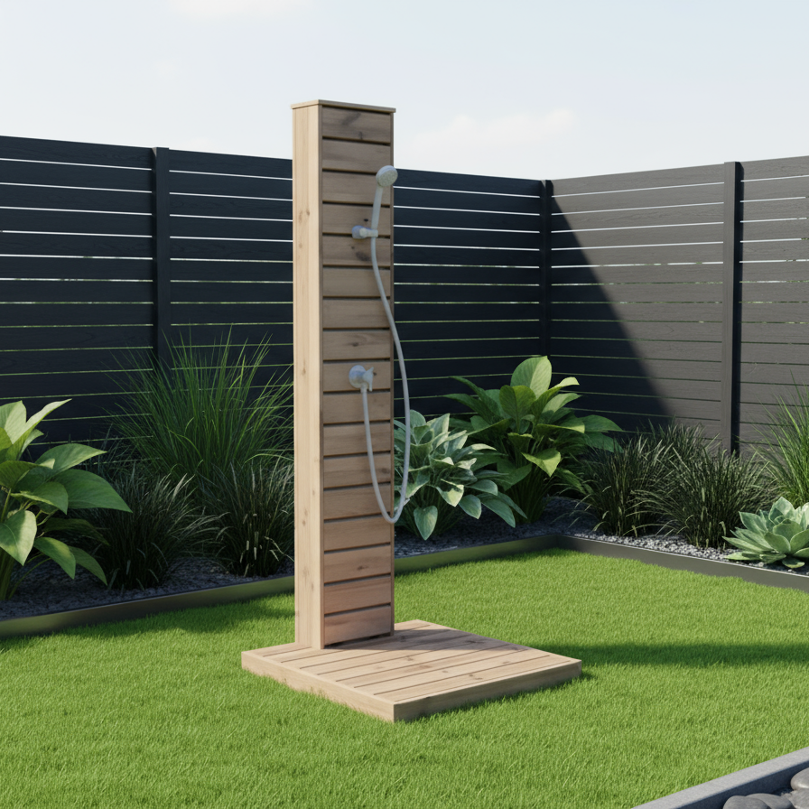 Wooden outdoor shower in a garden setting with plants and a fence.