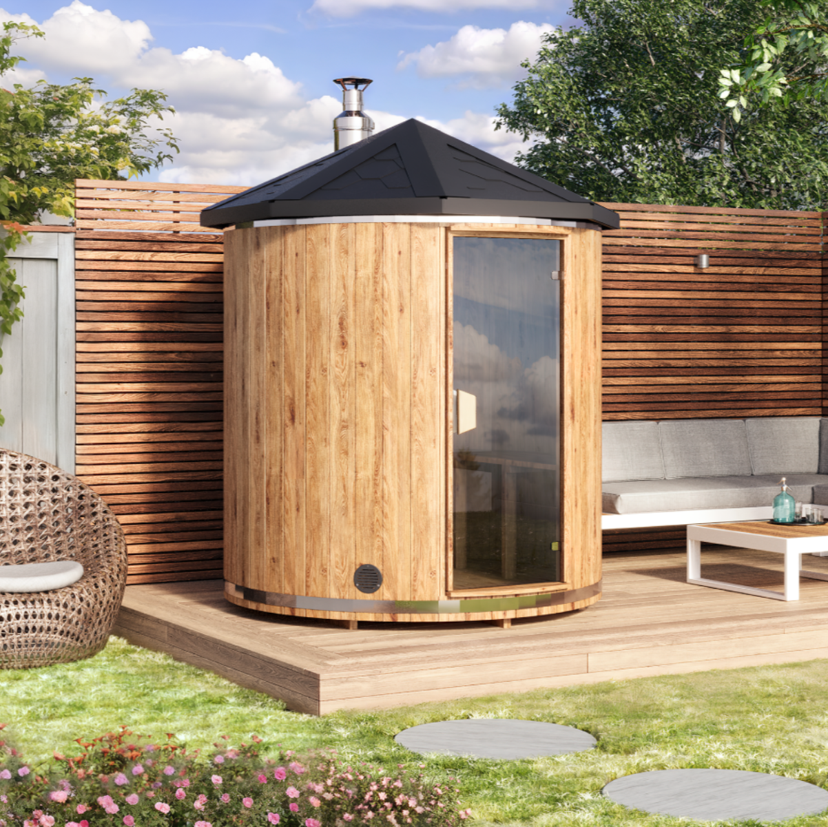Wooden Vertical Sauna in a garden made for outdoors and small spaces
