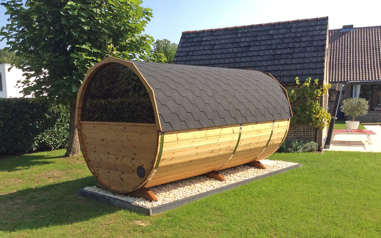 Outdoor 4 Person Barrel Sauna With Changing Room And Outside Seating