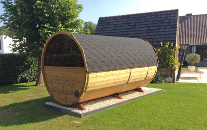 Outdoor 4 Person Barrel Sauna With Changing Room And Outside Seating