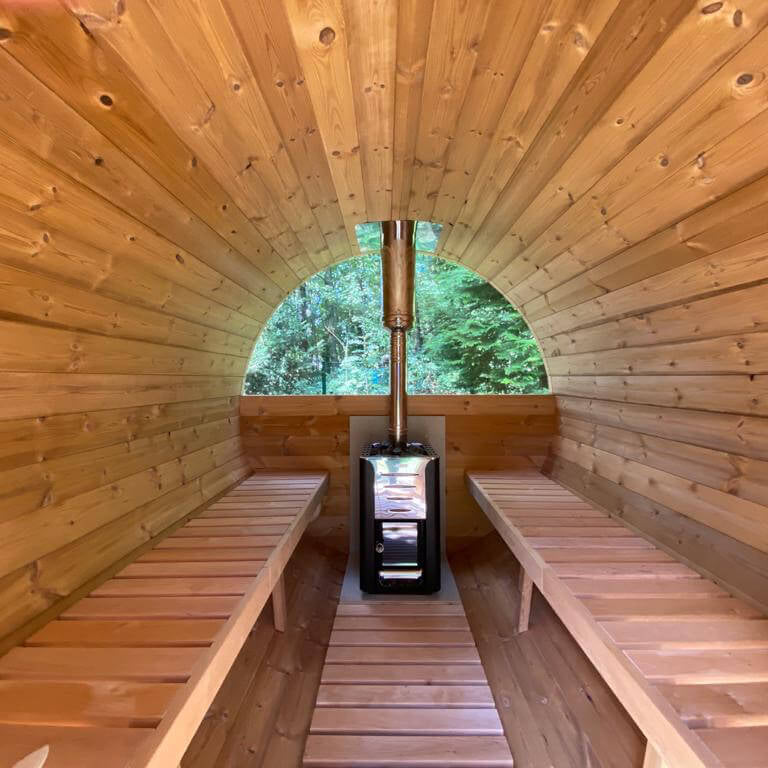 Outdoor Barrel Sauna 3.6m with Outside Seating for 6 People | Wood Fired or Electric Garden Sauna
