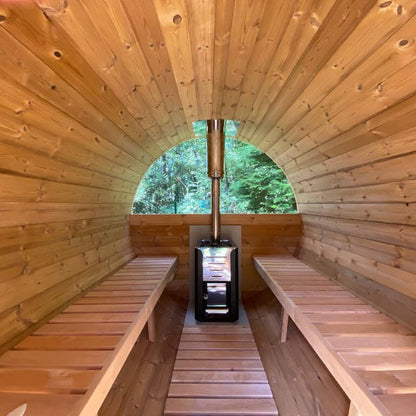 Outdoor Barrel Sauna 3.6m with Outside Seating for 6 People | Wood Fired or Electric Garden Sauna