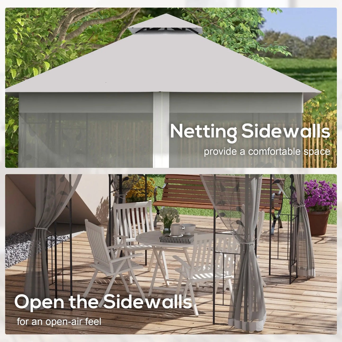 Outsunny 3 x 3m Double Roof Outdoor Garden Gazebo Canopy Shelter with Netting, Solid Steel Frame, Light Grey