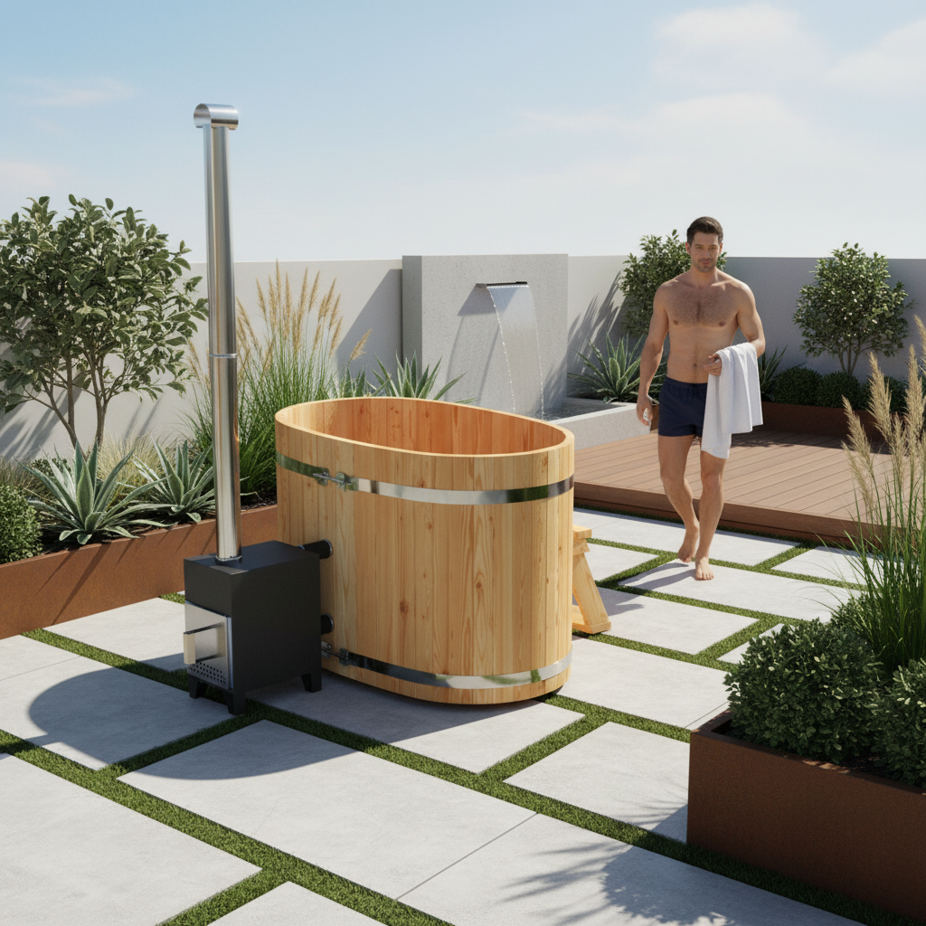 Baltresto 2 Person Wooden Hot Tub with Exterior Heater | Wood Fired or Electric Heater